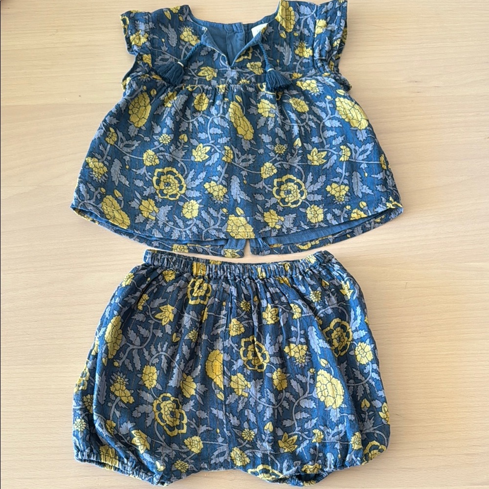 Floral Blue and Yellow baby Outfit (blouse and bloomer)